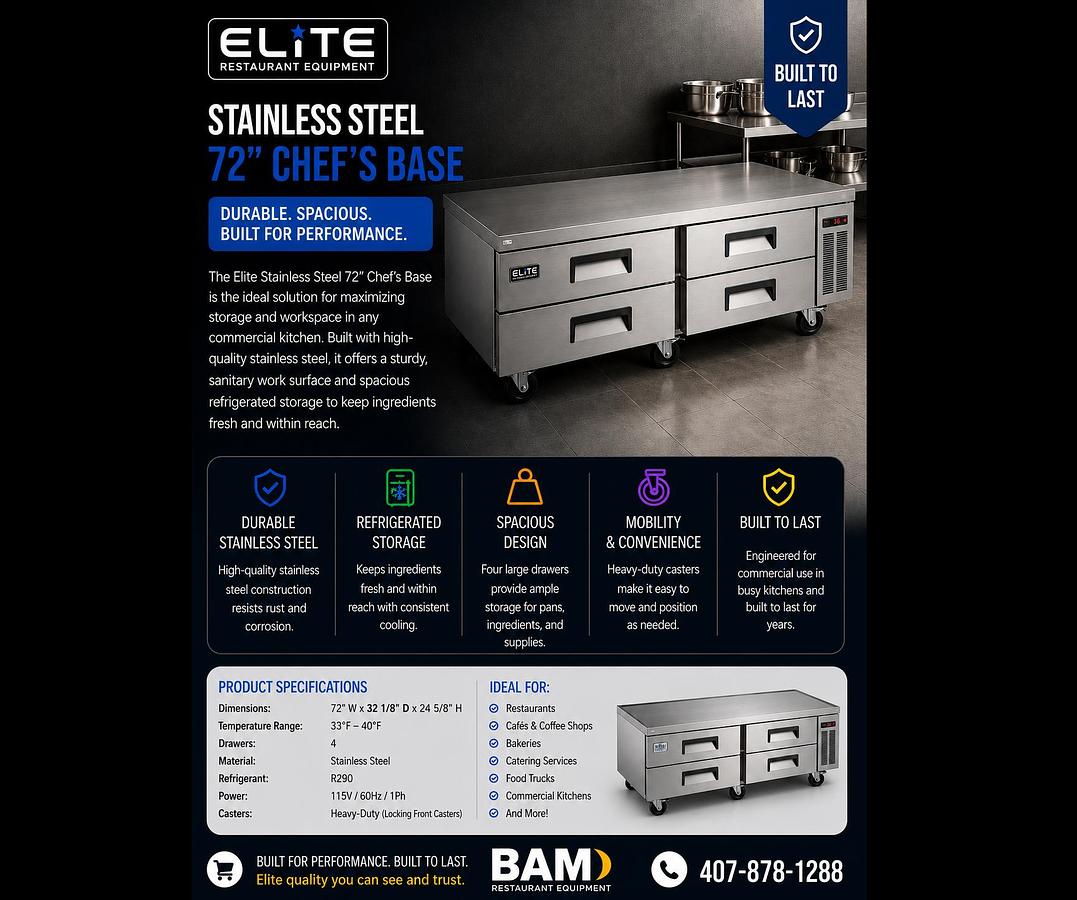 Elite Stainless Steel 72" Chef's Base