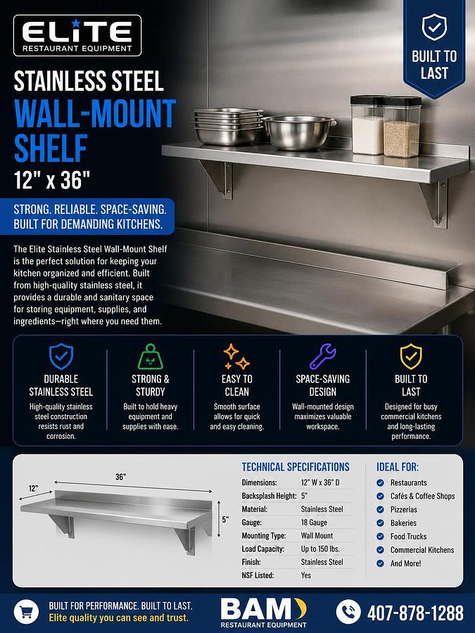 Elite Stainless Steel Wall-Mount Shelf 12x36''