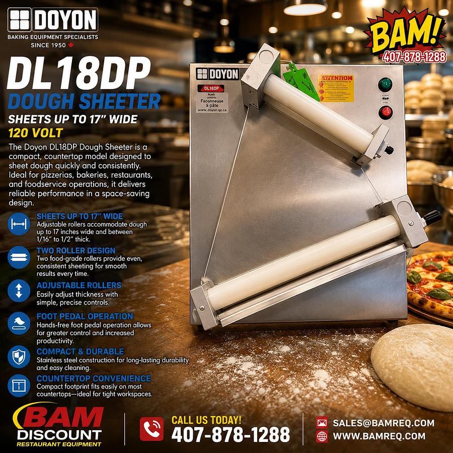 Used Used: Doyon DL18DP Dough Sheeter w/ 2 Rollers for Sheets Up To 17” W, 120v