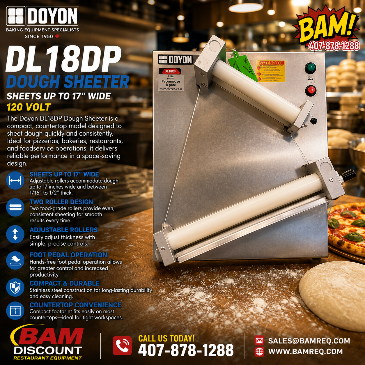 Used Used: Doyon DL18DP Dough Sheeter w/ 2 Rollers for Sheets Up To 17” W, 120v