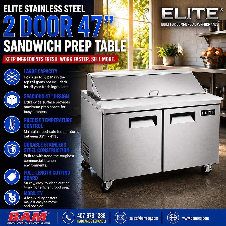 Elite Stainless Steel 2 Door 47" Sandwich Prep Table on Castors