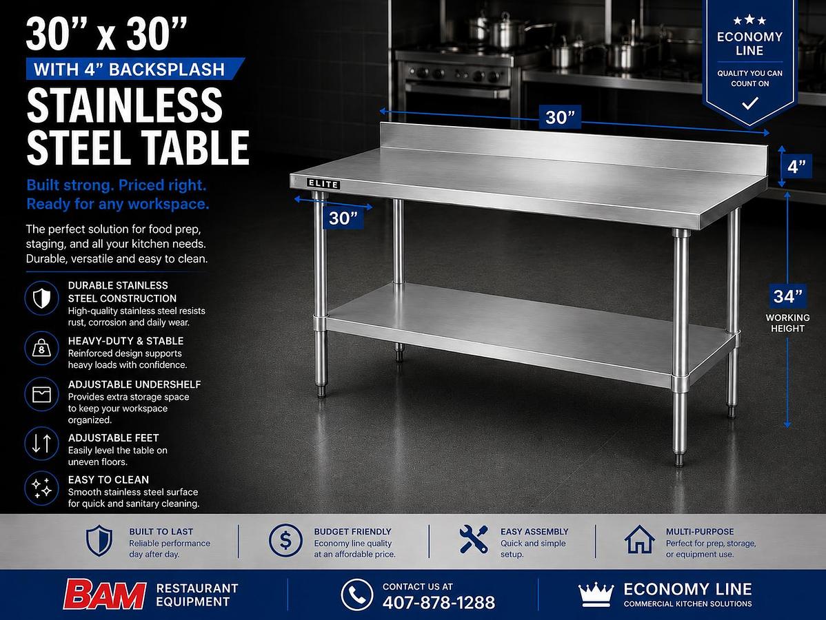 30”x 30” 4" Backsplash Stainless Steel Table