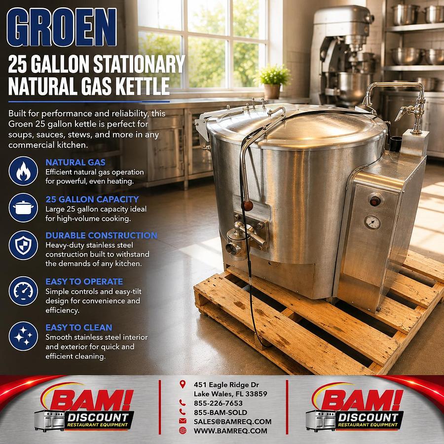 Refurbished Groen 25 Gallon Stationary Natural Gas Steam Jacketed Kettle Commercial