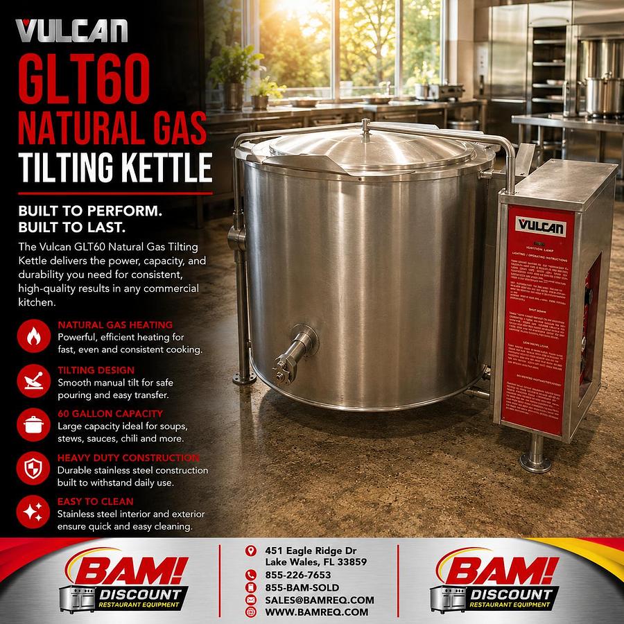 Refurbished Vulcan GLT60 60 Gallon Natural Gas Tilting Steam Jacketed Kettle Commercial