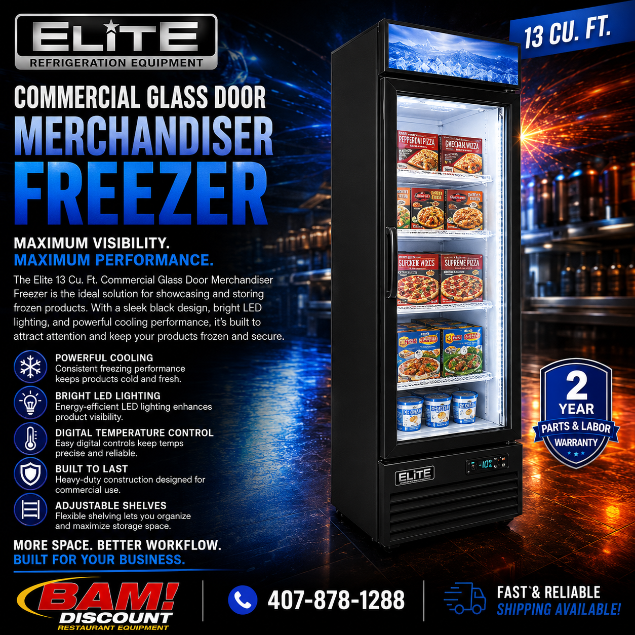 Elite 13 Cu. Ft. Commercial Glass Door Merchandiser Freezer – 1 Door