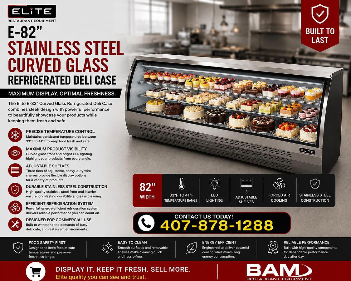 Elite - E- 82" Stainless Steal Curved Glass Refrigerated Deli Case