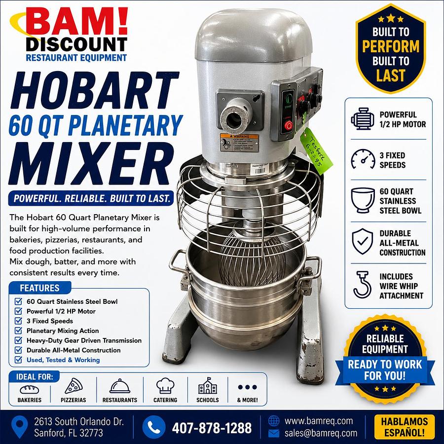 Used Hobart 60 Qt Commercial Planetary Mixer w/ Bowl, Whip & Hub Attachment