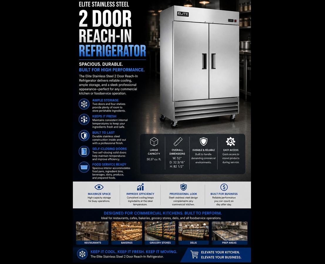 Used Commercial Refrigerator Reach-In Two door Stainless Steel By Hoshizaki- 120v