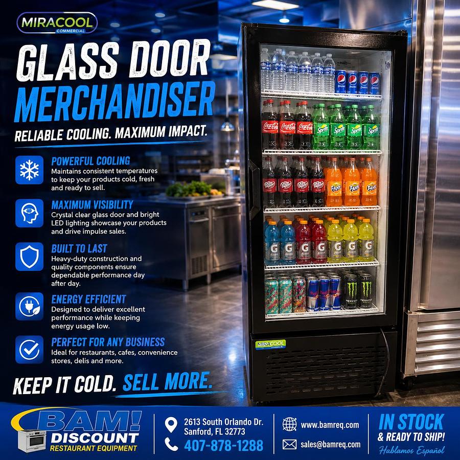 Used MiraCool Commercial Glass Door Merchandiser Refrigerator – Glass Display Cooler – Black – LED – Used