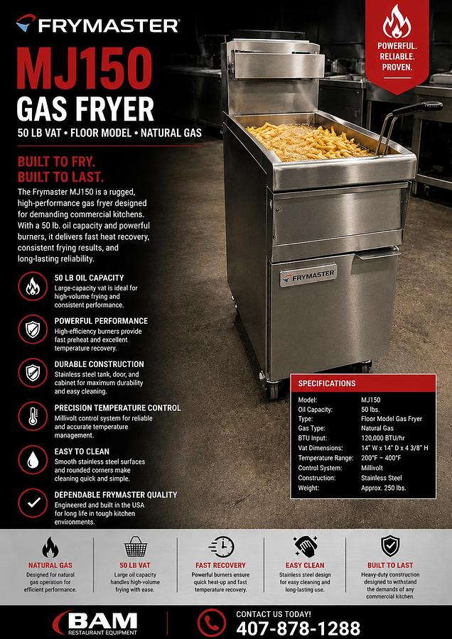 Used Frymaster MJ150 Gas Fryer 50 lb vat • Floor model • Natural gasFrymaster MJ150 Gas Fryer 50 lb vat • Floor model • Natural gas