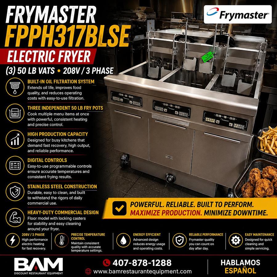 Used Frymaster FPPH317BLSE Electric Fryer - (3) 50 lb Vats, Floor Model, 208v/3ph