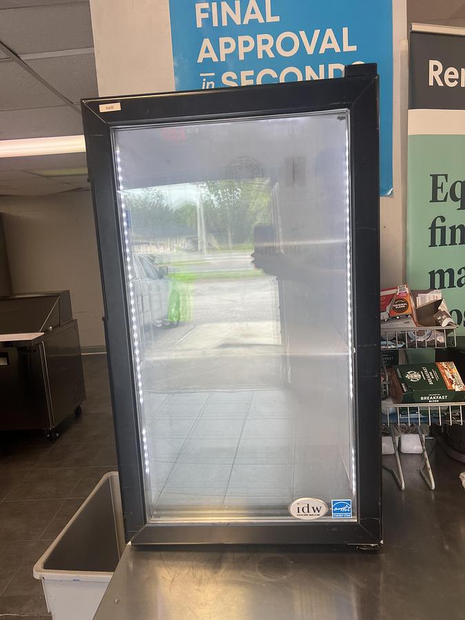 Used IDW Glass Door Merchandiser Refrigerator – Commercial Display Cooler – LED Lighting – Black Frame – 115V