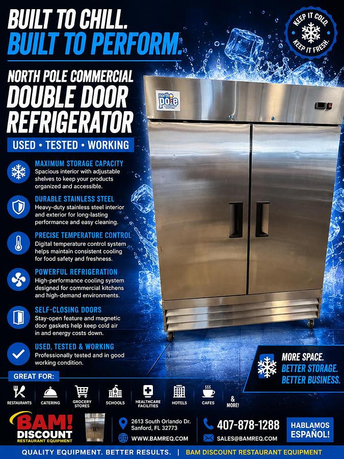 Used North Pole 2 Door Commercial Reach-In Refrigerator Stainless Steel Tested