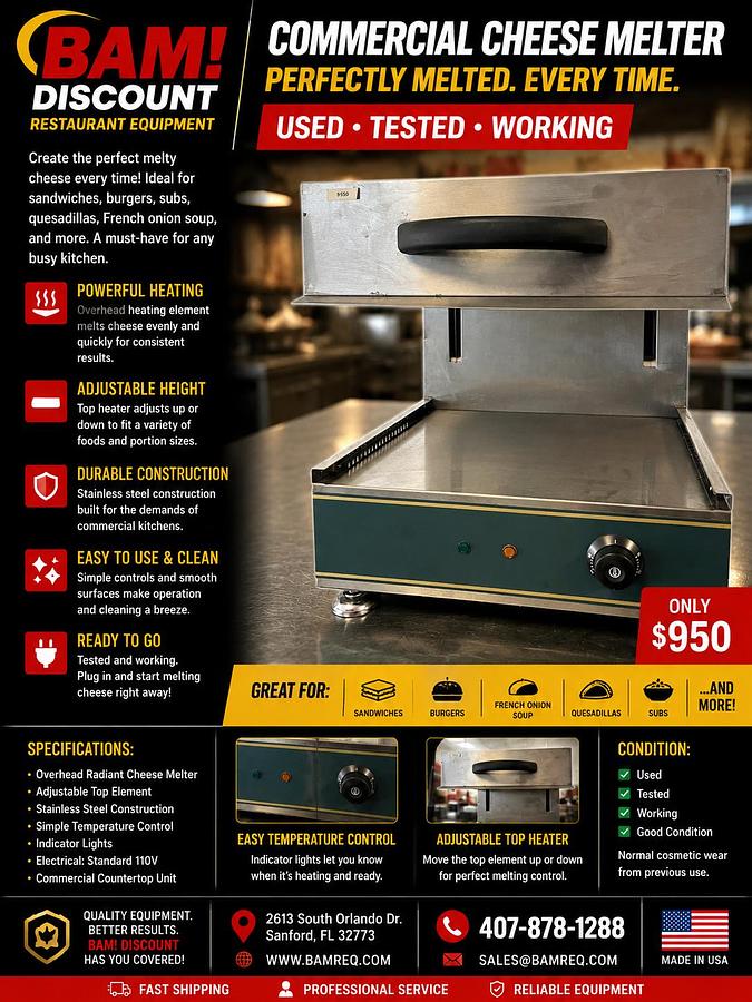 Used Commercial Countertop Cheese Melter Salamander Broiler Adjustable Heat 120V