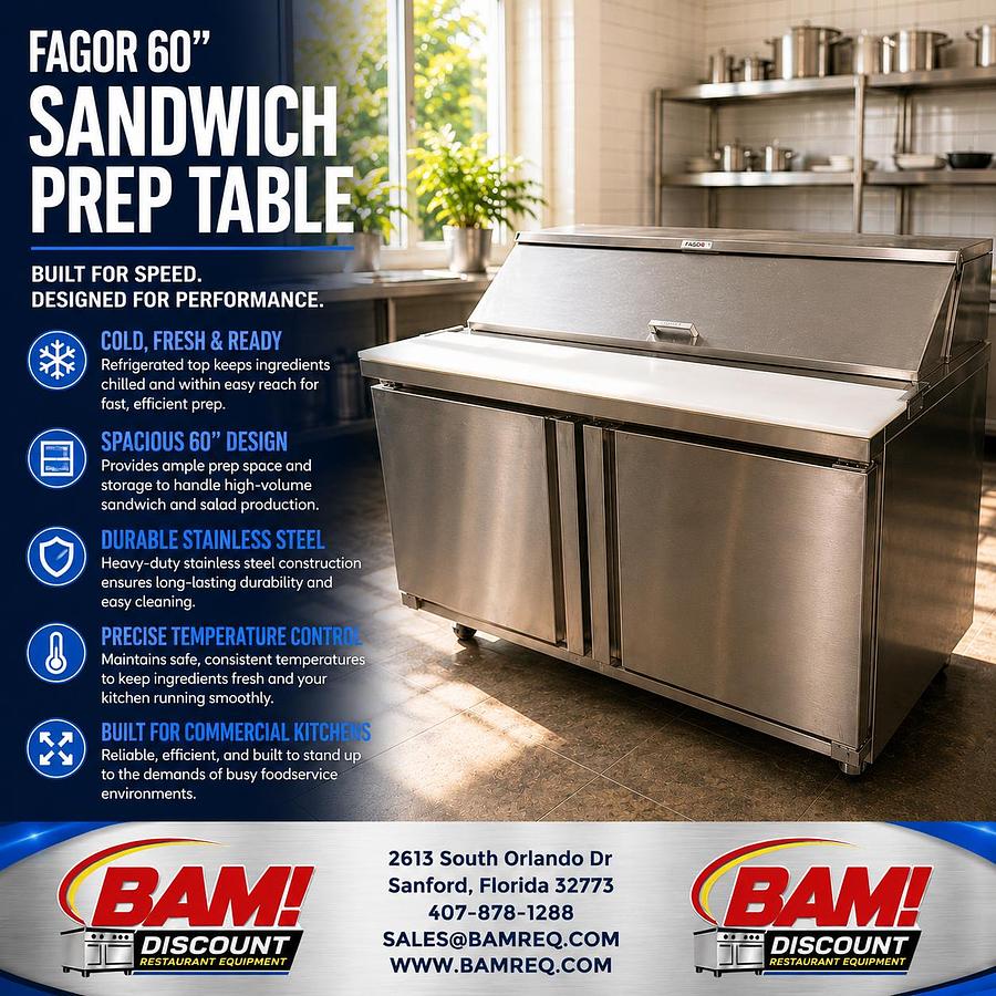 Used Fagor 60" Two Door Refrigerated Sandwich Prep Table – Stainless Steel