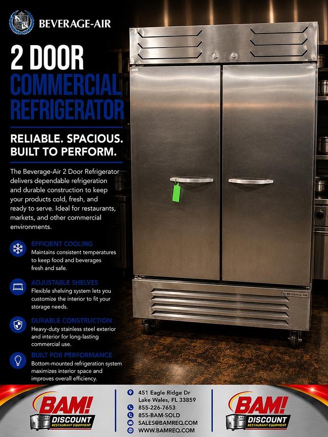 Refurbished Beverage-Air 2 Door Commercial Reach-In Refrigerator Stainless Steel Used