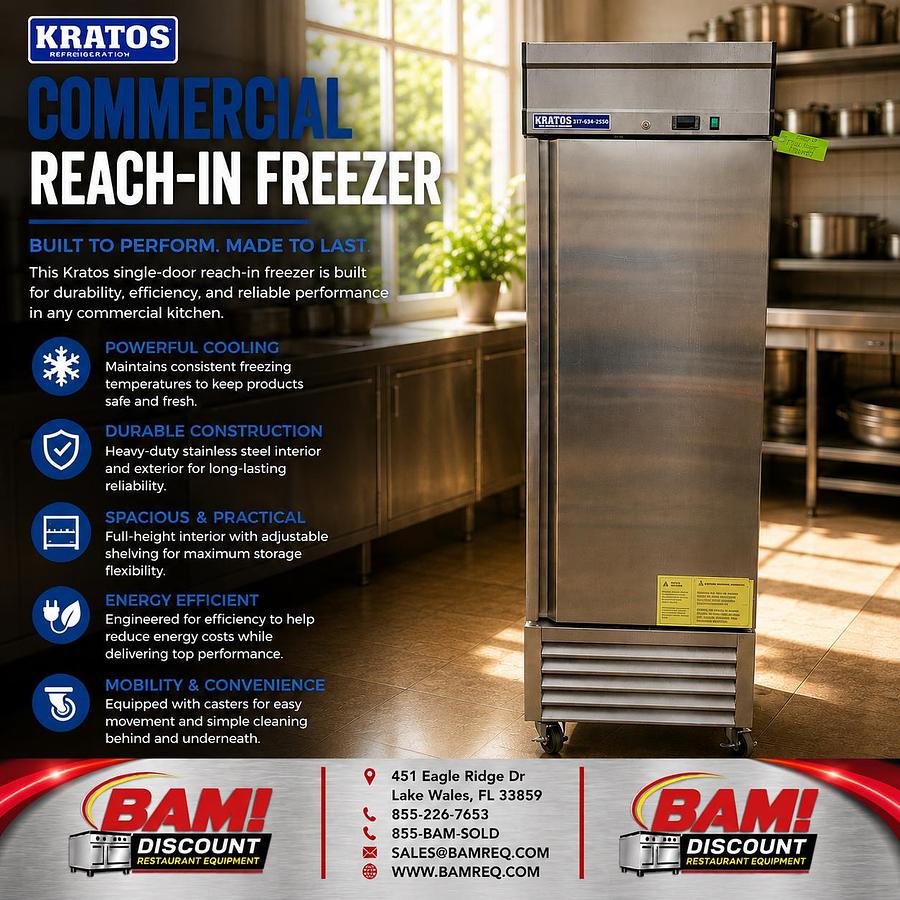 Kratos 1 Door Commercial Reach-In Freezer Stainless Steel on Casters