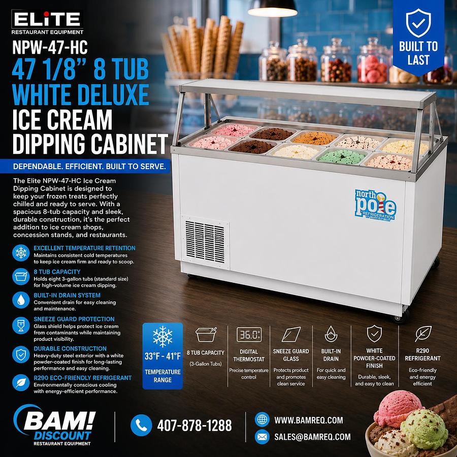 Elite NPW-47-HC 47 1/8" 8 Tub White Deluxe Ice Cream Dipping Cabinet