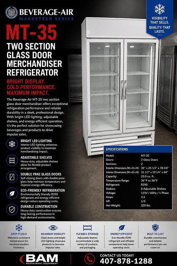 Used Beverage-Air MT-35 White Two Section Glass Door Merchandiser RefrigeratorBeverage-Air MT-35 White Two Section Glass Door Merchandiser Refrigerator