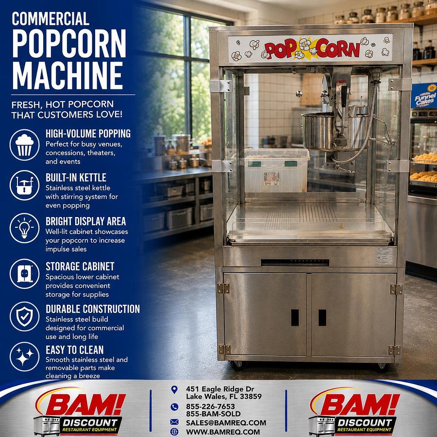 Used Commercial Popcorn Machine w/ Kettle & Storage Cabinet 