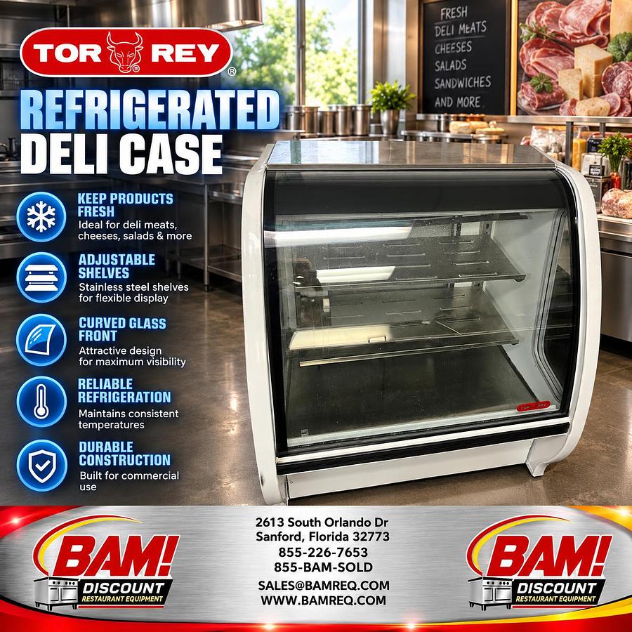 Refurbished Tor Rey Refrigerated Deli Display Case Curved Glass Commercial Merchandiser