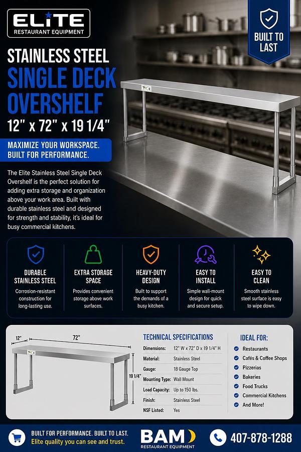 Elite Stainless Steel Single Deck Overshelf - 12" x 72" x 19 1/4"