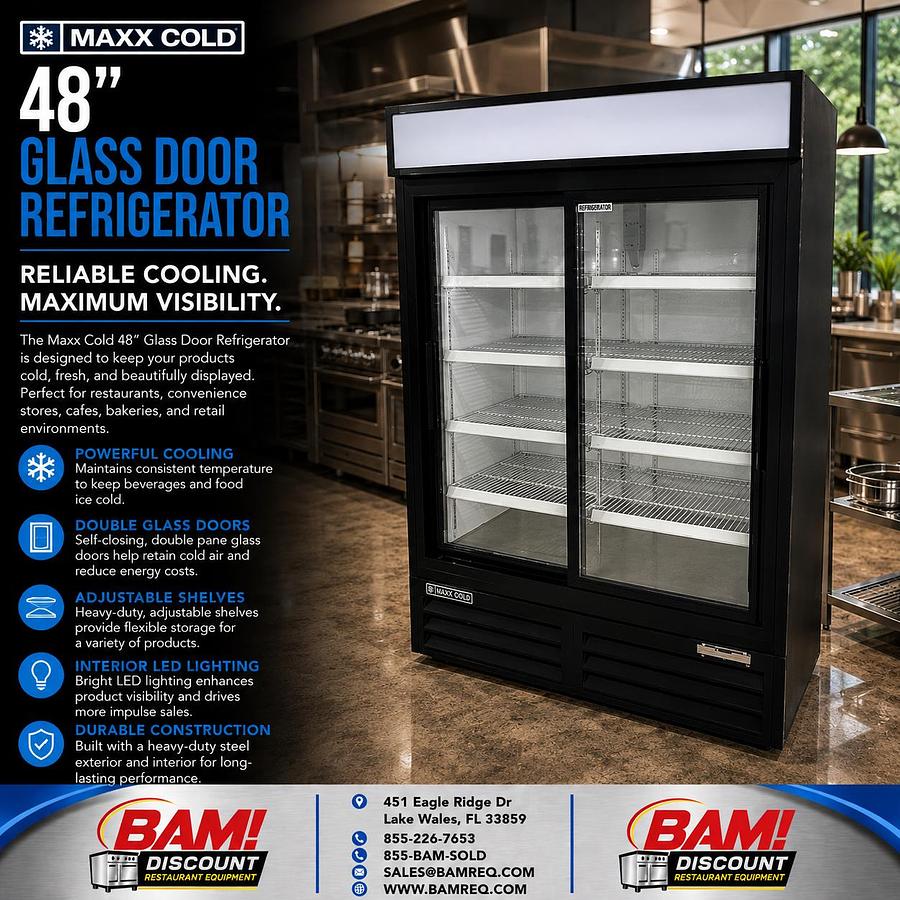 Refurbished MAXX COLD 48” 2-Door Glass Merchandiser Refrigerator Commercial Reach-In Cooler
