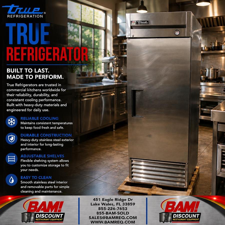Refurbished TRUE 1 Door Commercial Reach-In Refrigerator Stainless Steel Upright Cooler