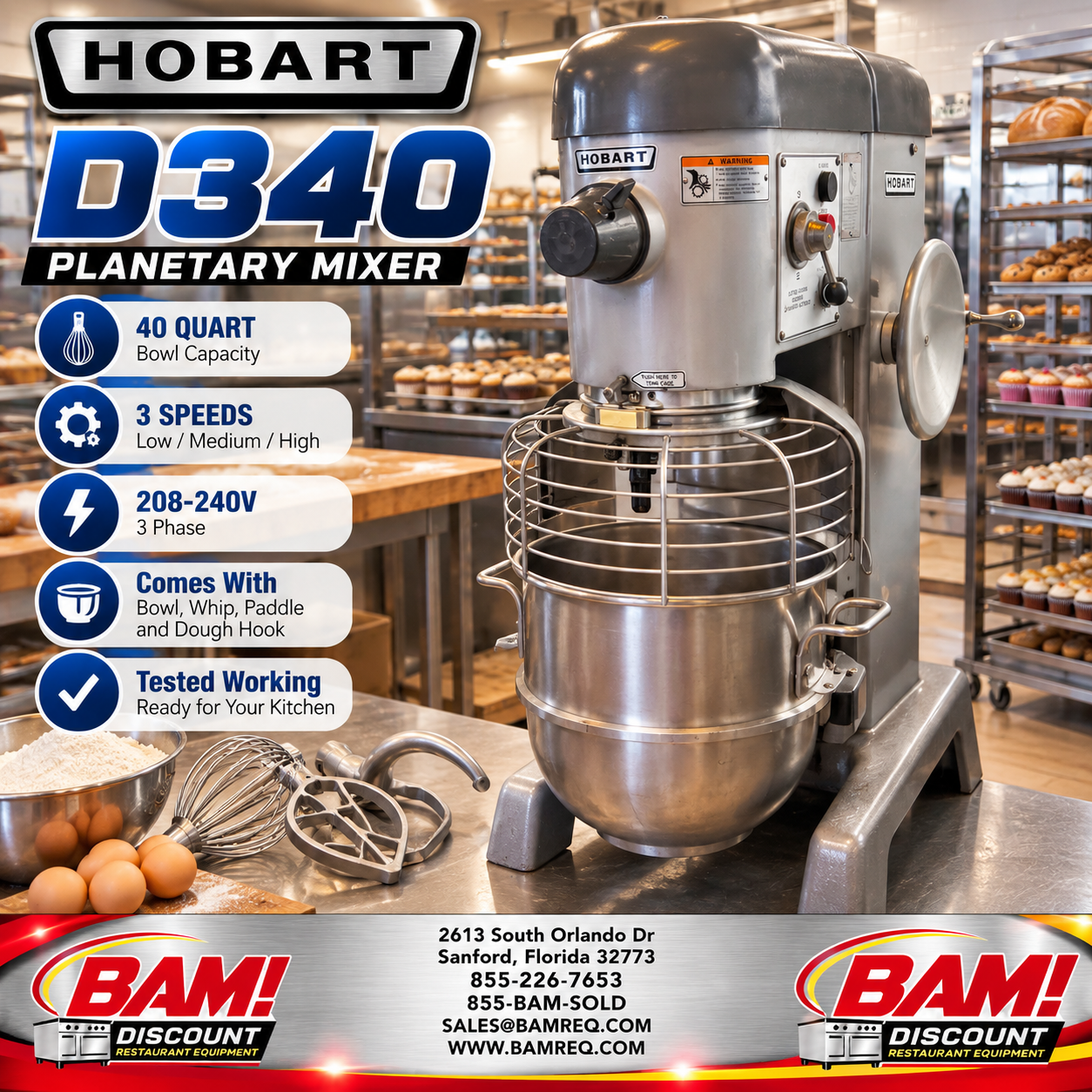 Refurbished Hobart D340 40-Quart Commercial Planetary Mixer – 3 Speed – Bowl & Attachments