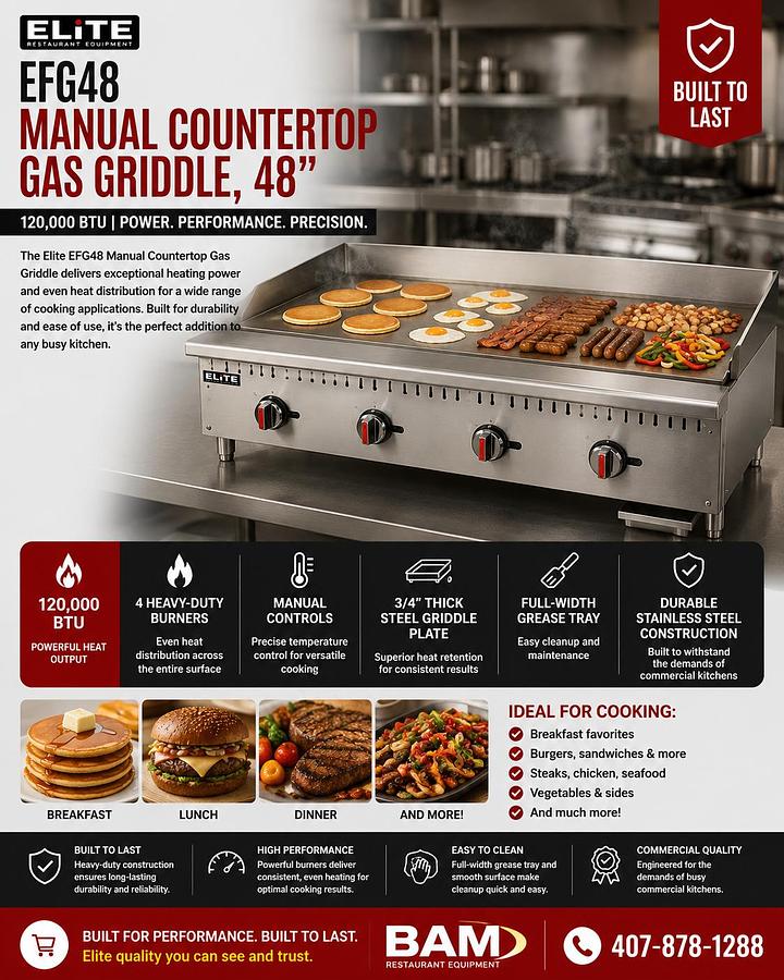 ELITE EFG48 Manual Countertop Gas Griddle, 48" | 120,000 BTU