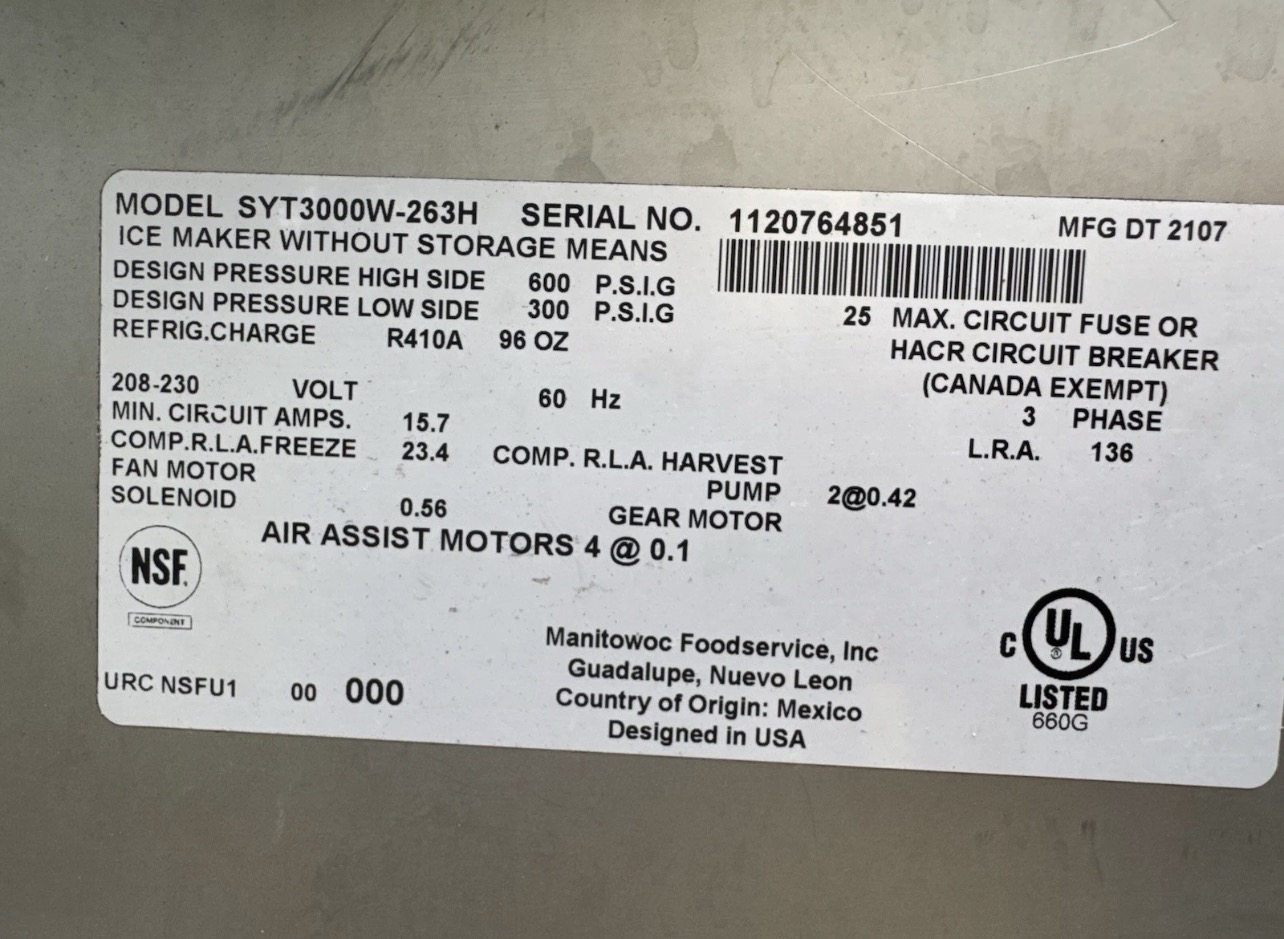 Used MANITOWOC 3000 LB COMMERCIAL WATER-COOLED ICE MACHINE WITH LARGE STORAGE BIN – 2021
