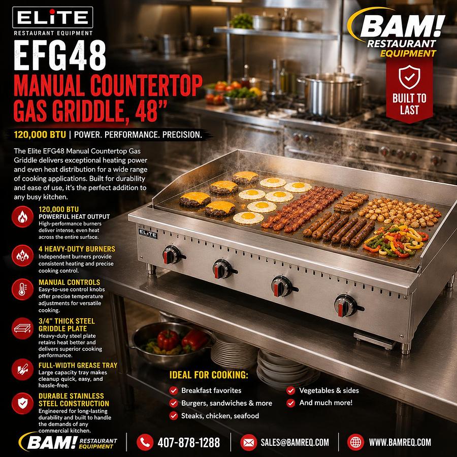 ELITE EFG48 Manual Countertop Gas Griddle, 48" | 120,000 BTU