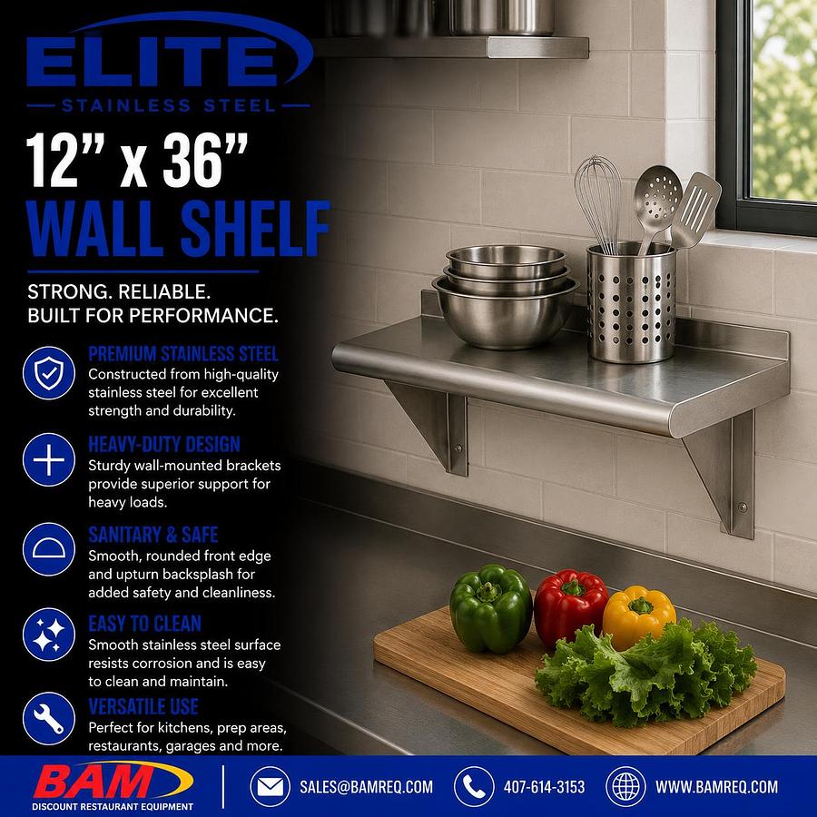 Elite Stainless Steel Wall-Mount Shelf 12"x 36''