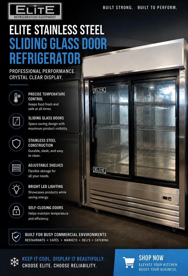 Elite Stainless Steel Sliding Glass 2 Door Refrigerator