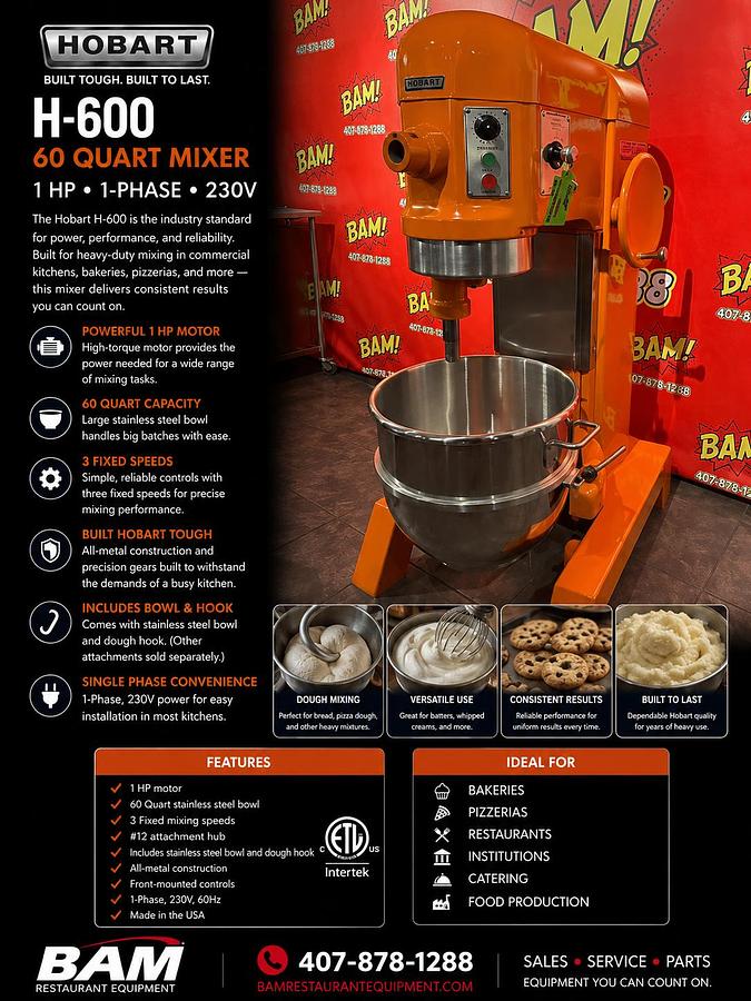 Used HOBART H-600 MIXER 1 HP • 1-Phase • 230V