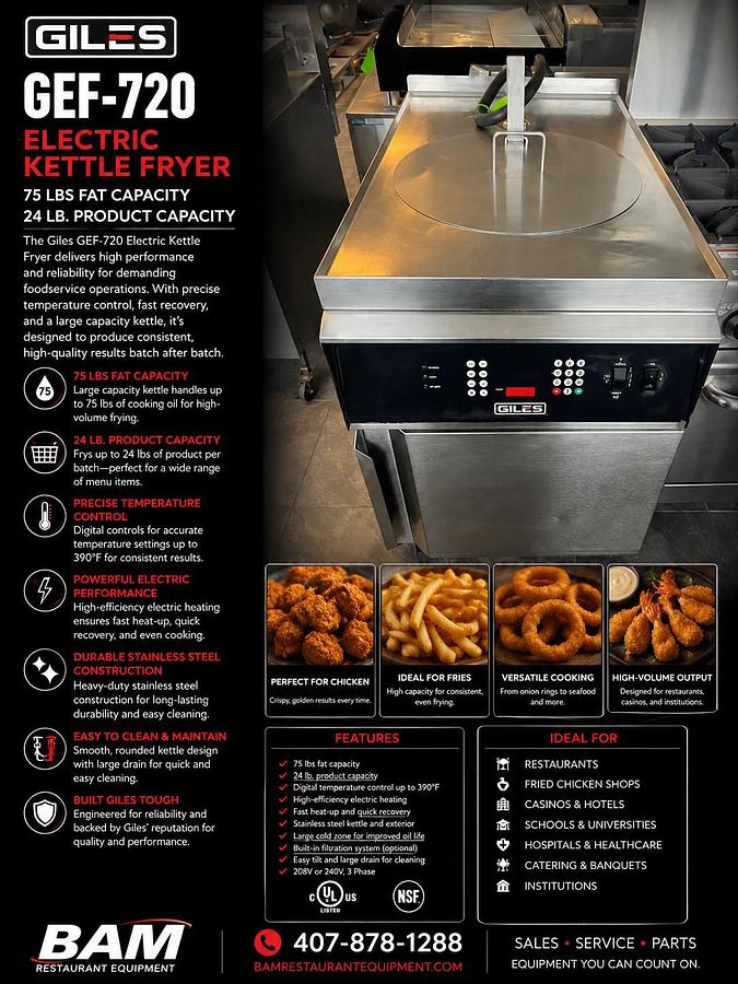 Used Giles GEF-720 Electric Kettle Fryer, 75 lbs Fat / 24 lb. Product Capacity, NICEGiles GEF-720 Electric Kettle Fryer, 75 lbs Fat / 24 lb. Product Capacity, NICE