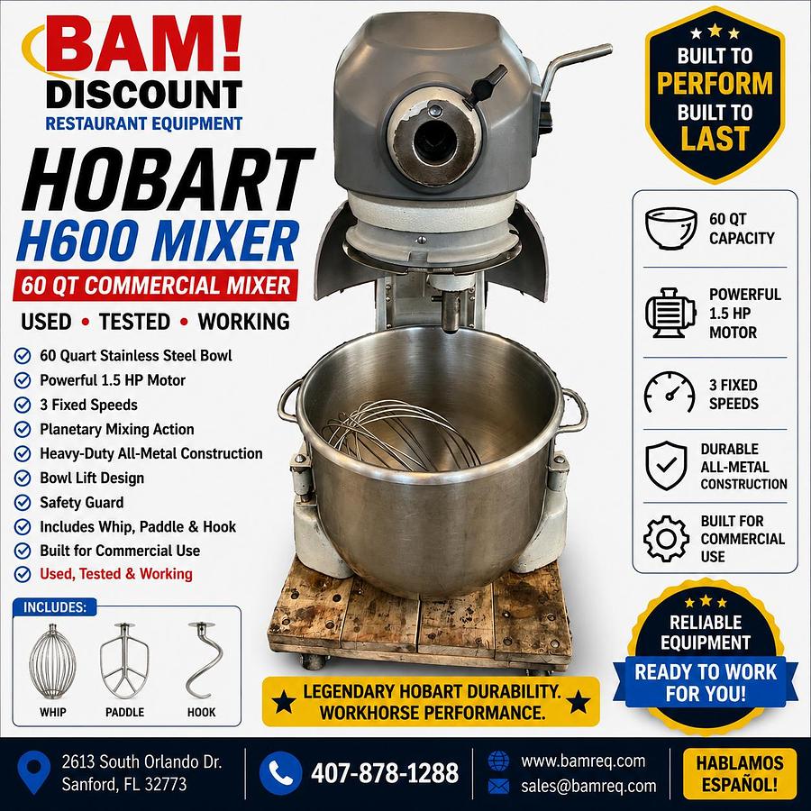 Used Hobart H600 60 Quart Commercial Planetary Mixer – Complete Attachment Package