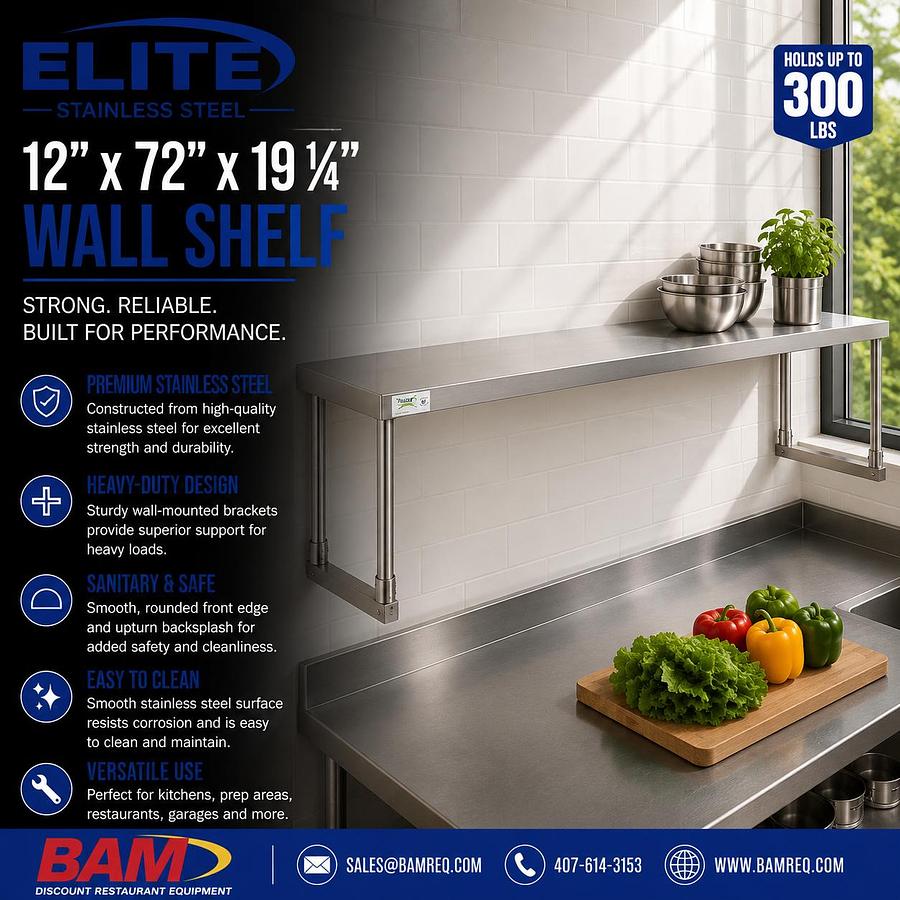 Elite Stainless Steel Single Deck Overshelf - 12" x 72" x 19 1/4"