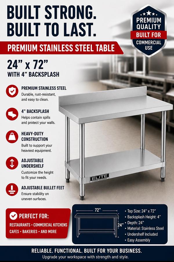 24”x72” 4" Backsplash Stainless Steel Table
