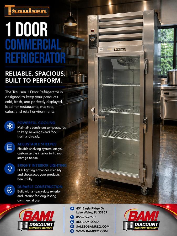Refurbished Traulsen 1 Door Glass Door Commercial Refrigerator Reach-In Cooler Stainless Steel