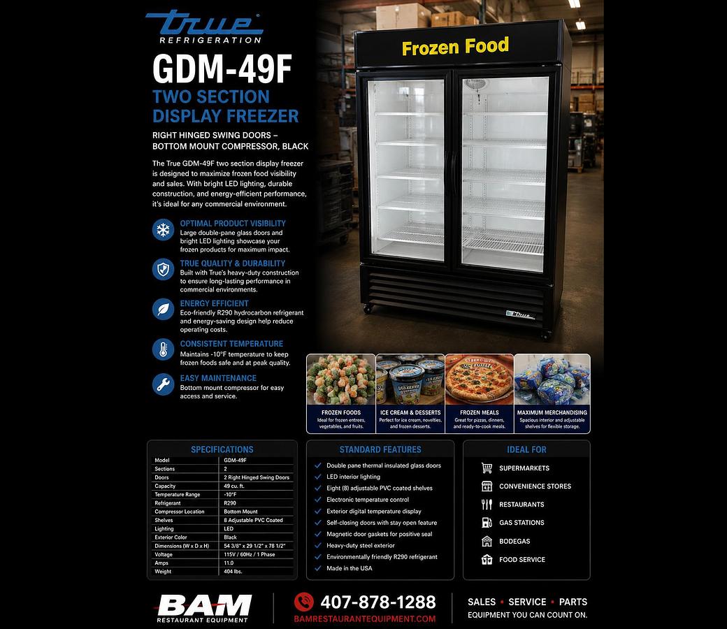 Used True GDM-49F Two Section Display Freezer w/ Right Hinged Swing Doors - Bottom Mount Compressor, BlackTrue GDM-49F Two Section Display Freezer w/ Right Hinged Swing Doors - Bottom Mount Compressor, Black