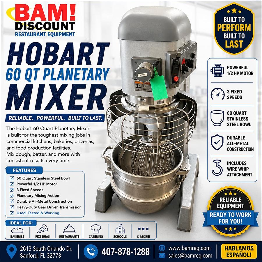 Used Hobart 60 Qt Commercial Planetary Mixer w/ Bowl, Whip & Guard
