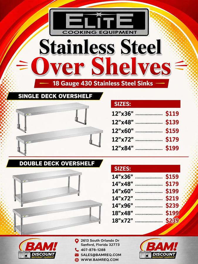 Elite Stainless Steel Double Deck Overshelf -14" Deep - Size: 36"