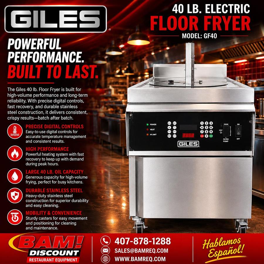 Refurbished Giles GF40 40 lb Electric Floor Fryer with Built-In Oil Filtration – 208/240V 3PH – Tested