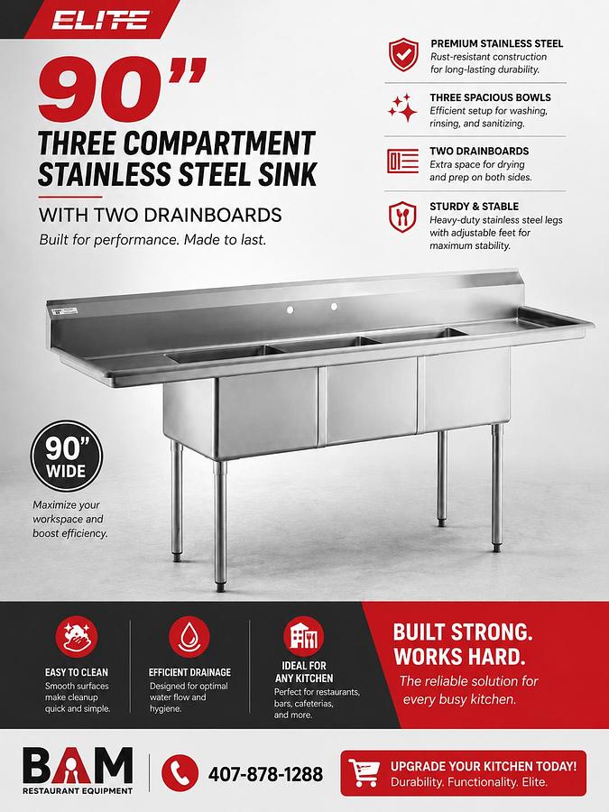 Elite 90” Three Compartment Stainless Steel Sink With Two Drainboards