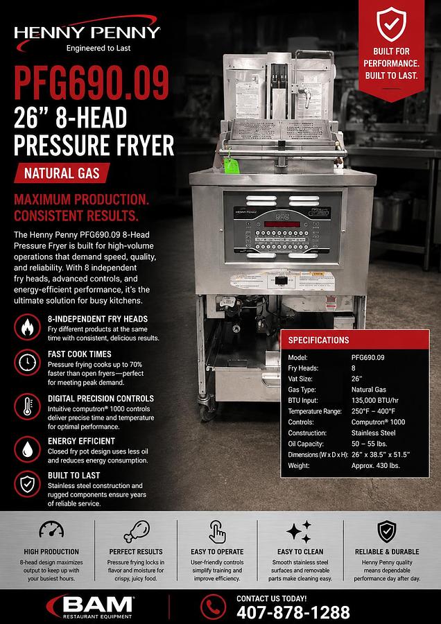 Used Henny Penny PFG690.09 26” 8-Head Natural Gas Pressure FryerHenny Penny PFG690.09 26” 8-Head Natural Gas Pressure Fryer