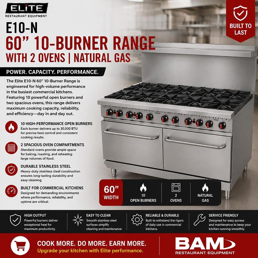 Elite E10-N 60" 10-Burner Range with 2 Ovens | Natural Gas