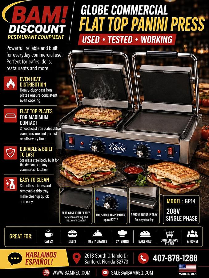 Used Globe GP14 Commercial Flat Top Panini Press Sandwich Grill – 208V 3 Phase