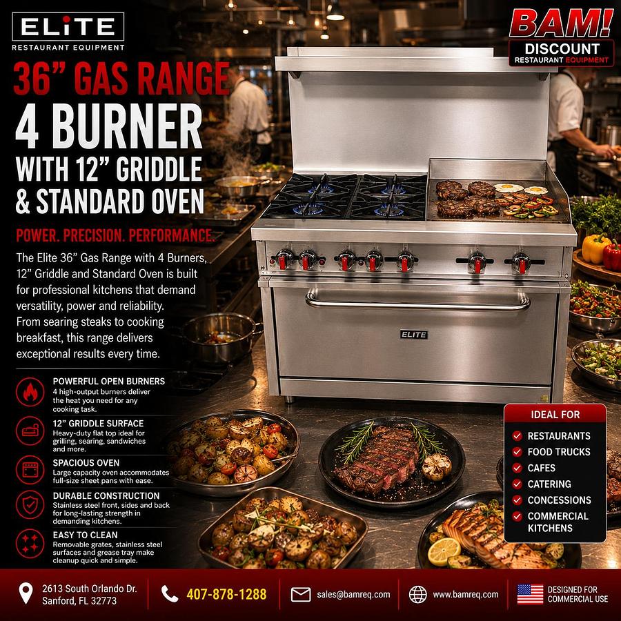 Elite Gas 4 Burner 36" Range with 12" Griddle and Standard Oven