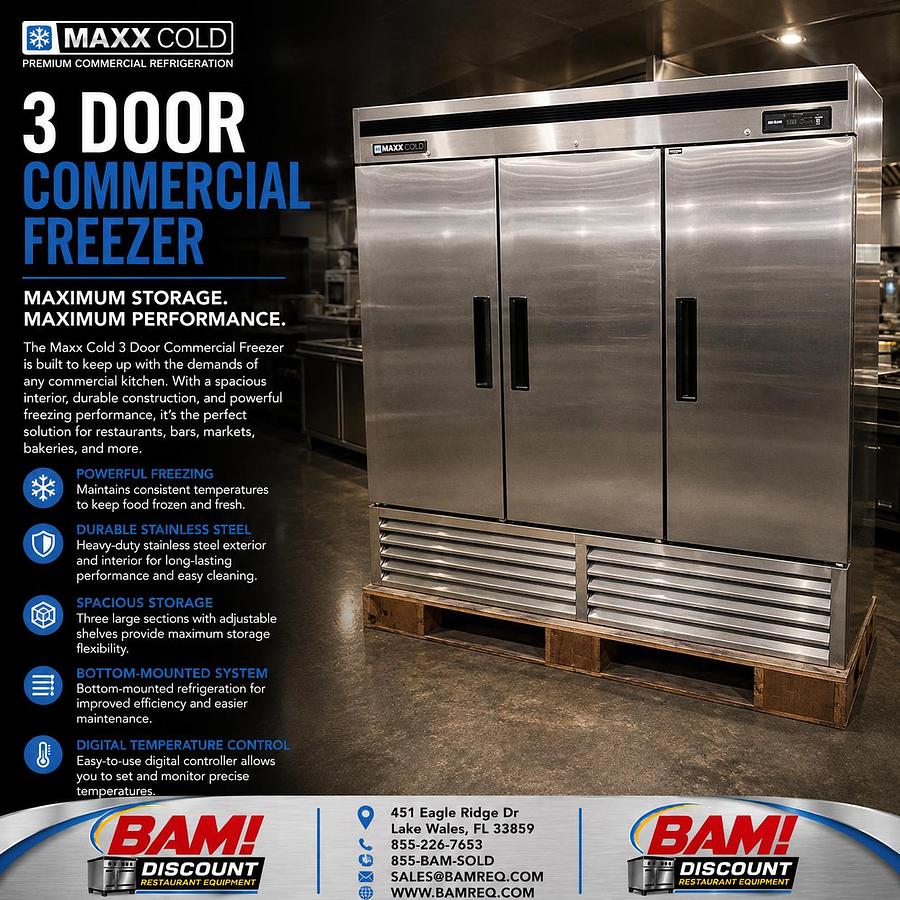 Refurbished Maxx Cold 3 Door Commercial Reach-In Freezer Stainless Steel Restaurant Freezer